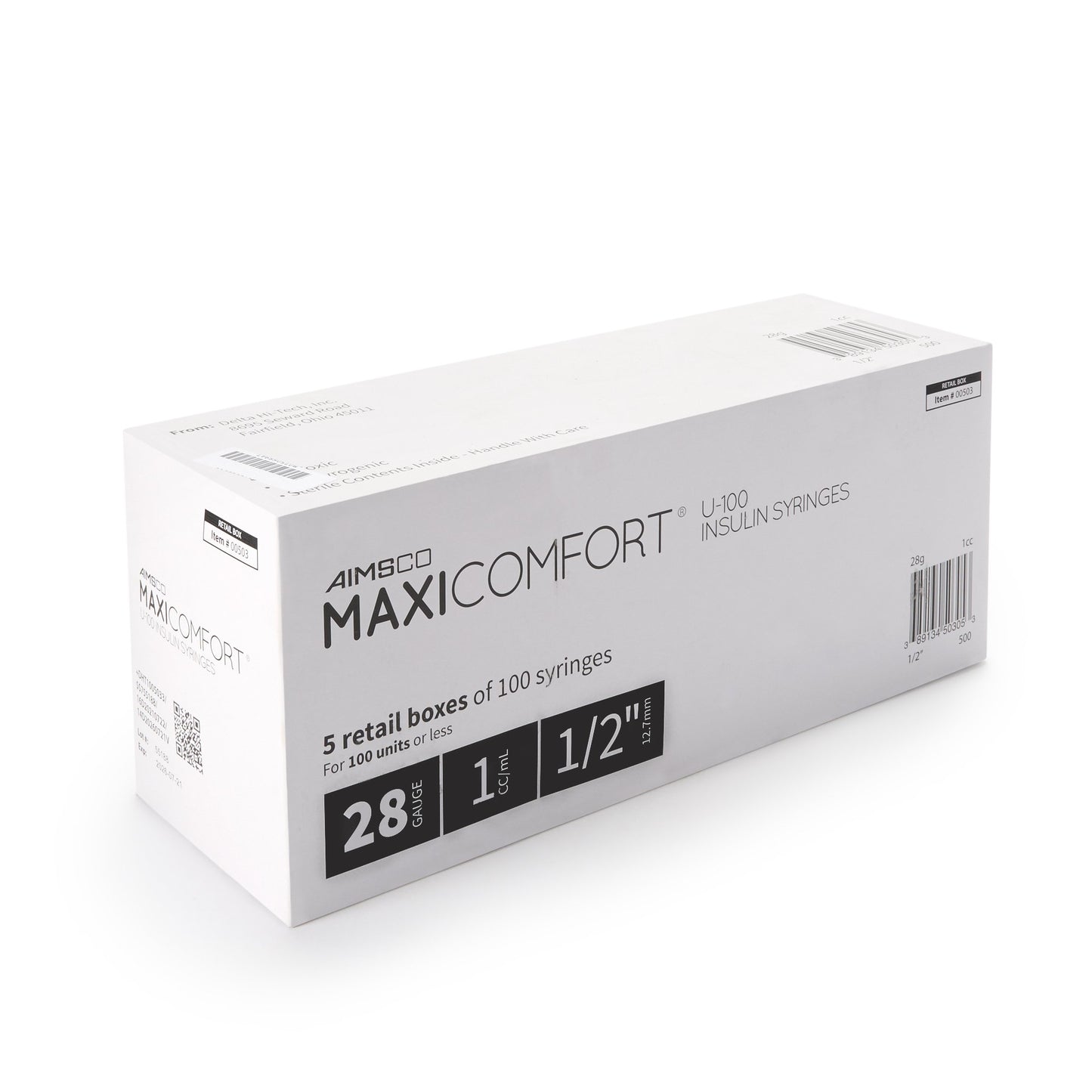 AIMSCO® Standard Insulin Syringe with Needle 1 mL 1/2 Inch 28 Gauge NonSafety Ultra Thin Wall (1182679_BX)