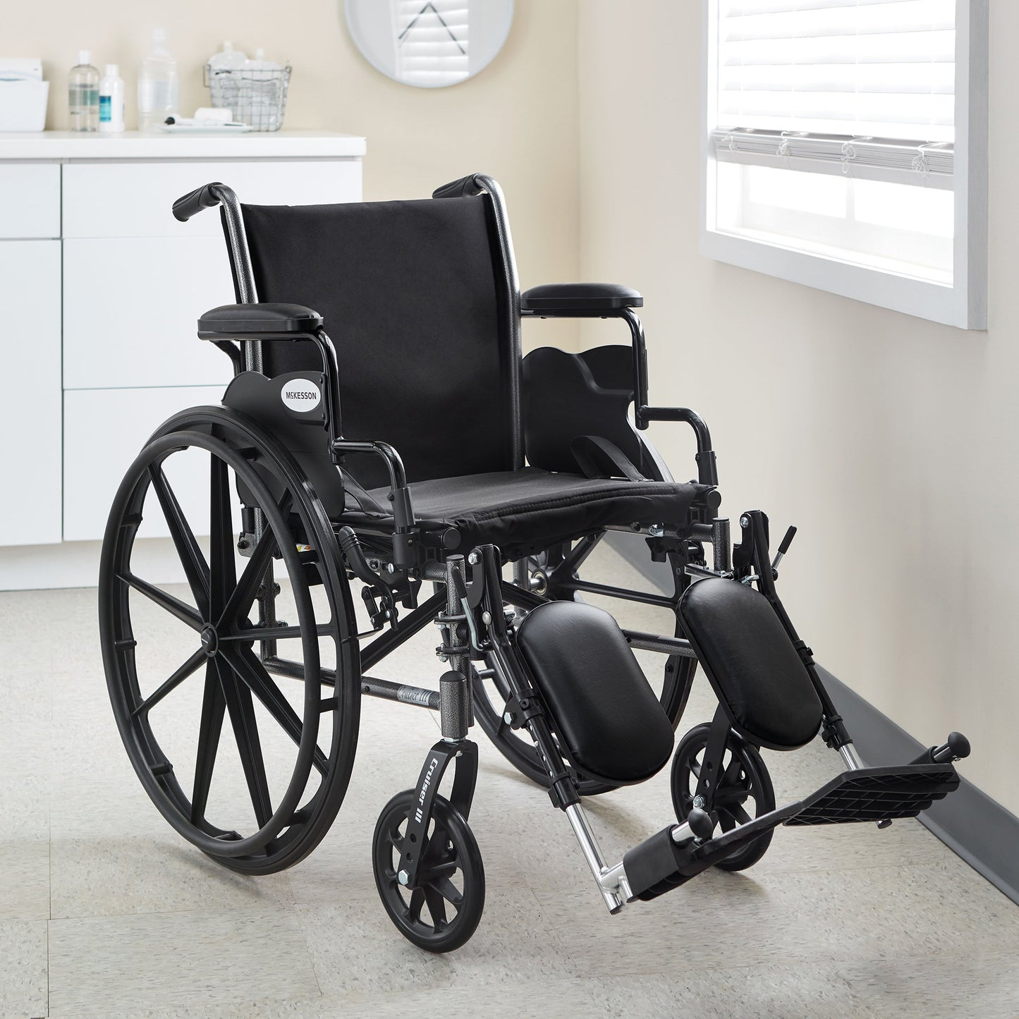McKesson Wheelchair Dual Axle Desk Length Arm Swing-Away Footrest Black Upholstery 20 Inch Seat Width Adult 350 lbs. Weight Capacity (1065278_EA)