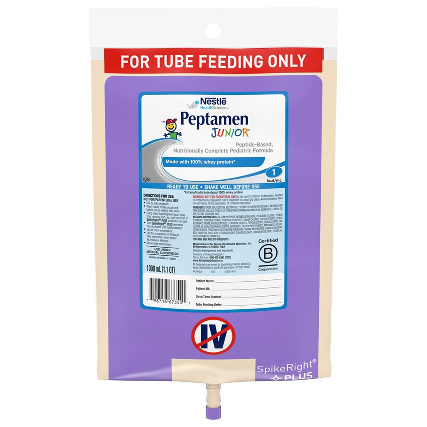Peptamen Junior® Pediatric Tube Feeding Formula Unflavored 1000 mL Bag Liquid Whey Protein Impaired GI Function (664067_EA)