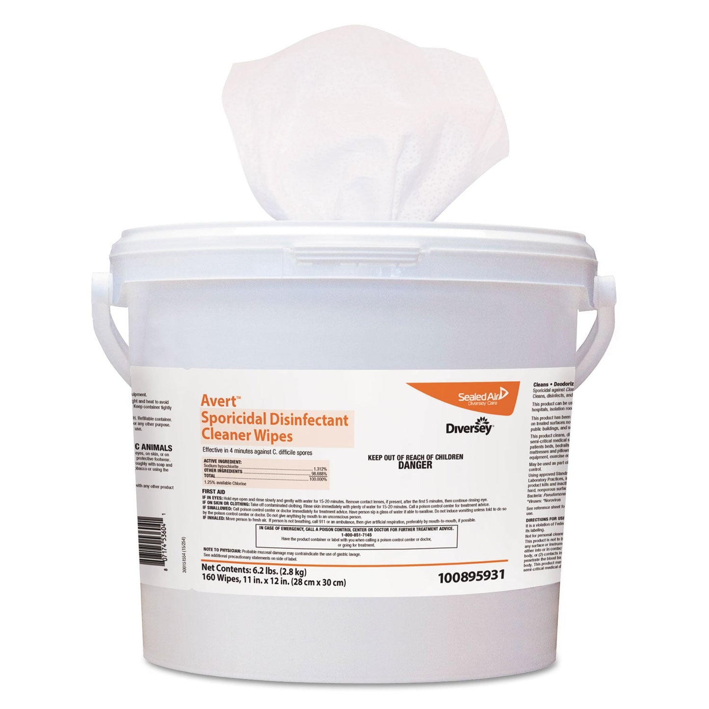 Diversey Avert Sporicidal Disinfectant Cleaner Wipes, Chlorine, 11 x 12, 160/Can, 4/CT (DVO100895931)