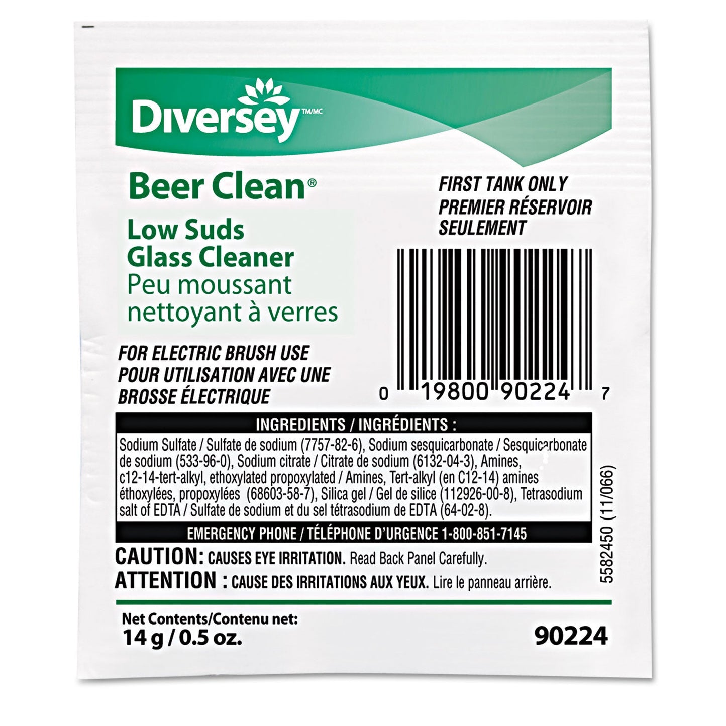 Diversey Beer Clean Glass Cleaner, Powder, .5oz Packet, 100/Carton (DRA90224)