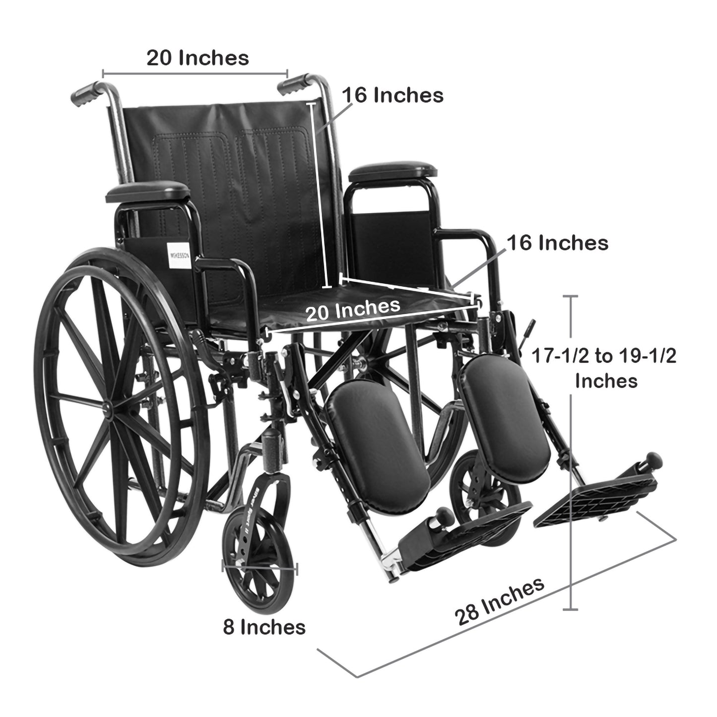 McKesson Wheelchair Dual Axle Desk Length Arm Swing-Away Elevating Legrest Black Upholstery 20 Inch Seat Width Adult 350 lbs. Weight Capacity (1065279_EA)