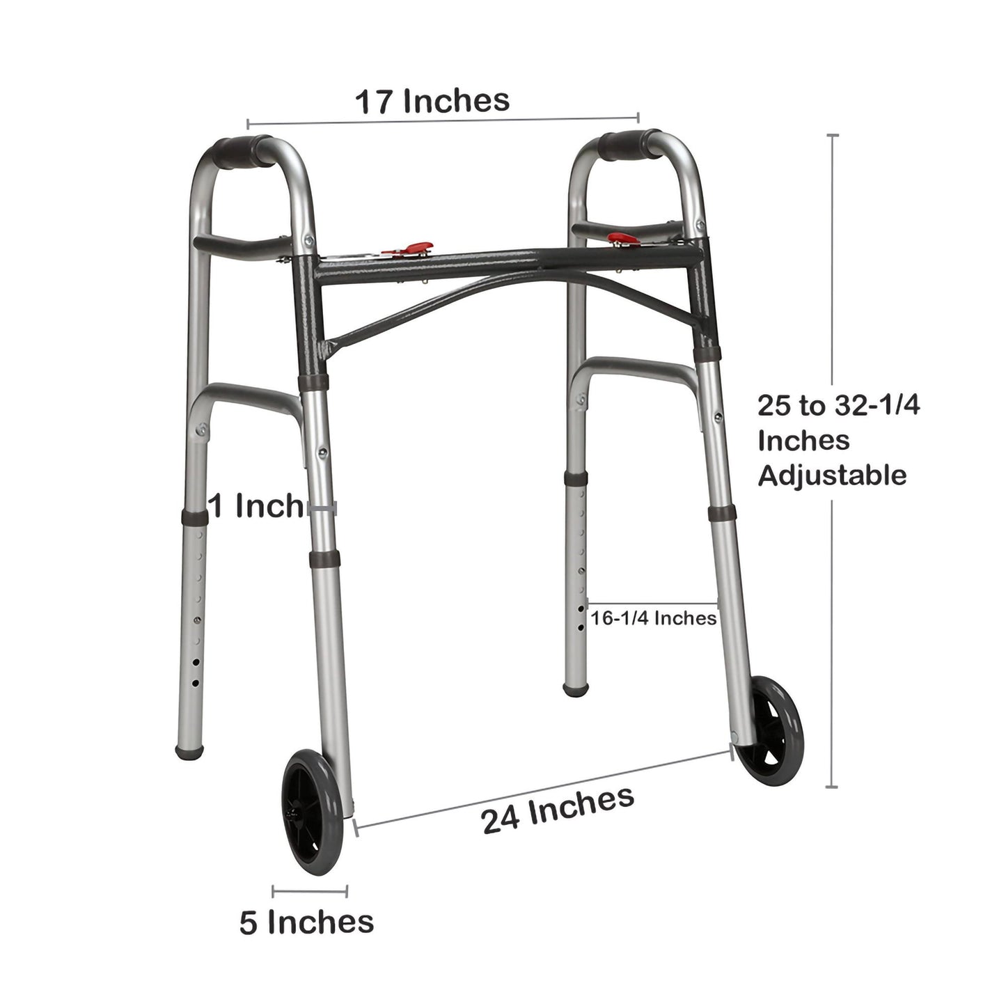 McKesson Dual Release Folding Walker with Wheels Adjustable Height Aluminum Frame 350 lbs. Weight Capacity 25 to 32-1/4 Inch Height (1128908_EA)