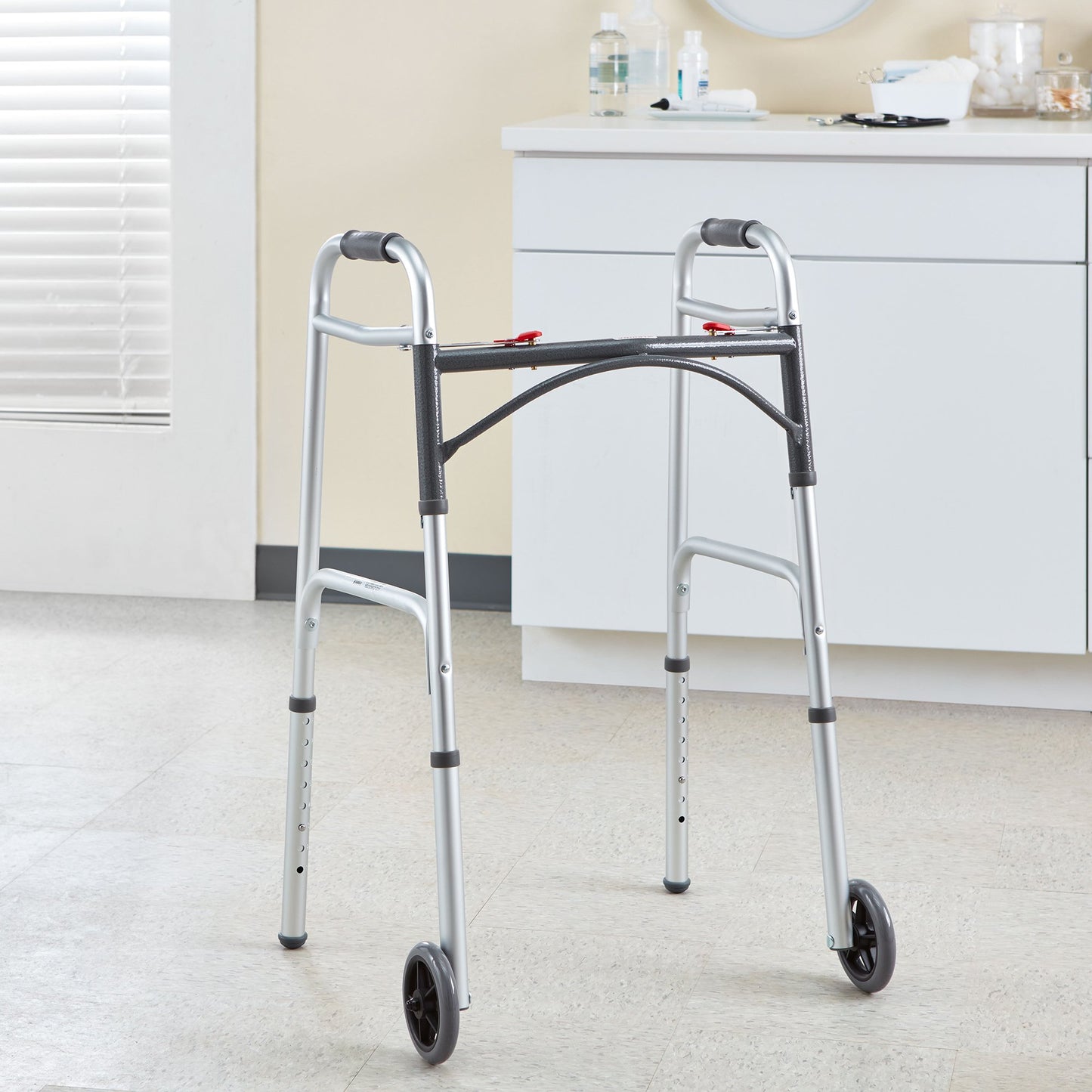 McKesson Dual Release Folding Walker with Wheels Adjustable Height Aluminum Frame 350 lbs. Weight Capacity 32 to 39 Inch Height (1073638_CS)