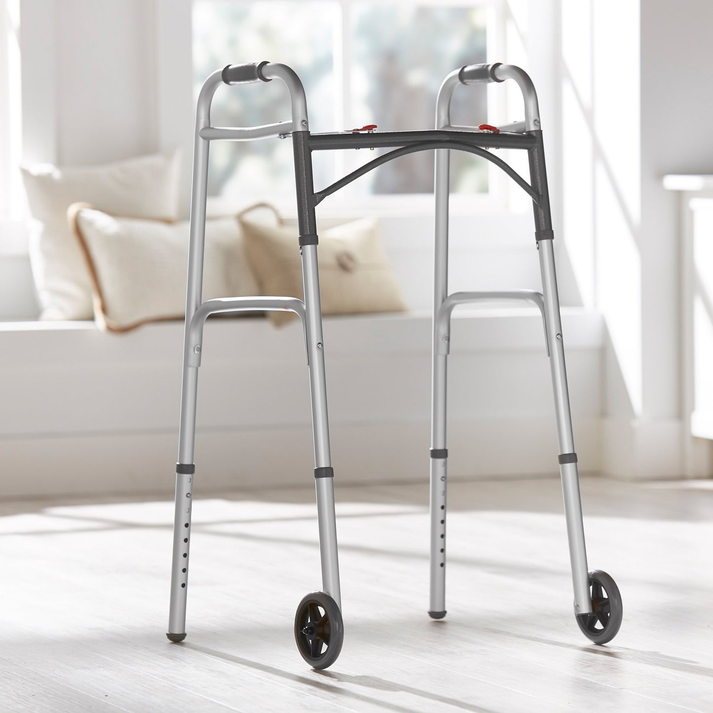 McKesson Dual Release Folding Walker with Wheels Adjustable Height Aluminum Frame 350 lbs. Weight Capacity 32 to 39 Inch Height (1076176_EA)