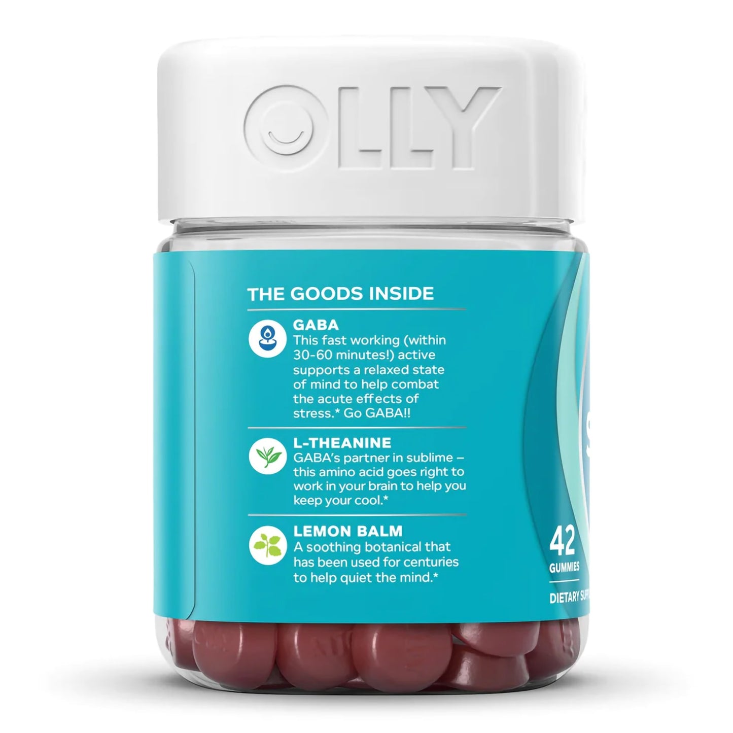 OLLY® Goodbye Stress® Dietary Supplement GABA / L-Theanine / Lemon Balm Extract 100 mg - 50 mg - 75 mg Strength Gummy 42 per Bottle Berry Verbena Flavor (1228393_BT)