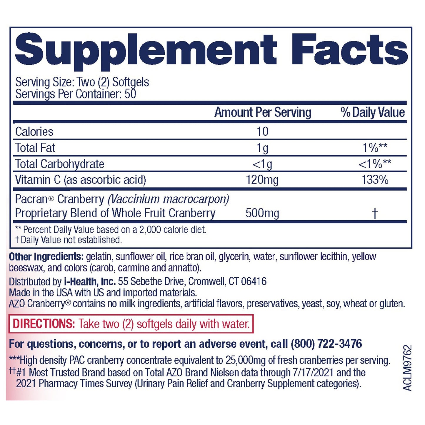 AZO® Cranberry Urinary Tract Health Dietary Supplement Vitamin C / Cranberry 120 mg - 500 mg Strength Softgel 100 per Bottle (1268924_BT)