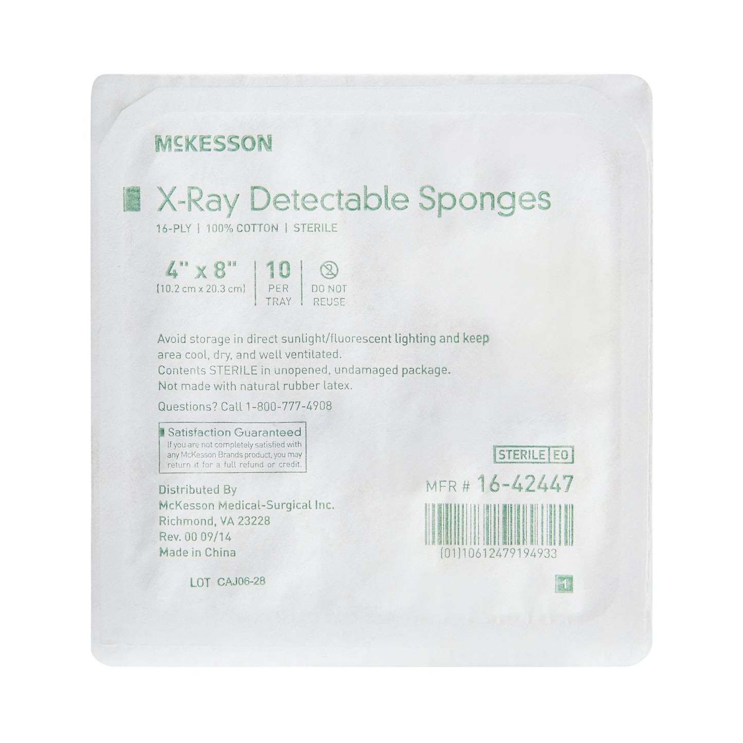 McKesson Gauze Sponge 4 X 8 Inch 16-Ply Sterile X-Ray Detectable 10 per Tray (944343_CS)