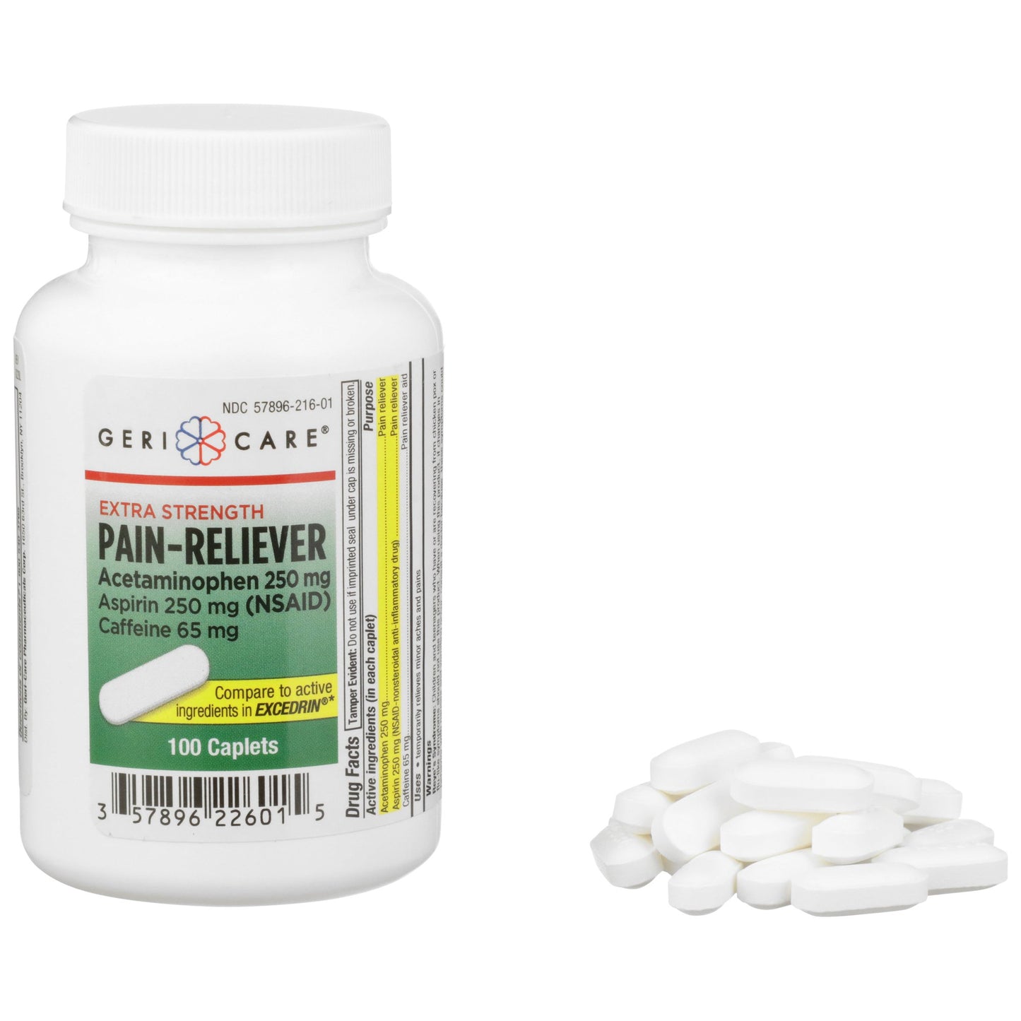 McKesson Brand Pain Relief 250 mg - 250 mg - 65 mg Strength Acetaminophen / Aspirin / Caffeine Caplet 100 per Bottle (868383_CS)