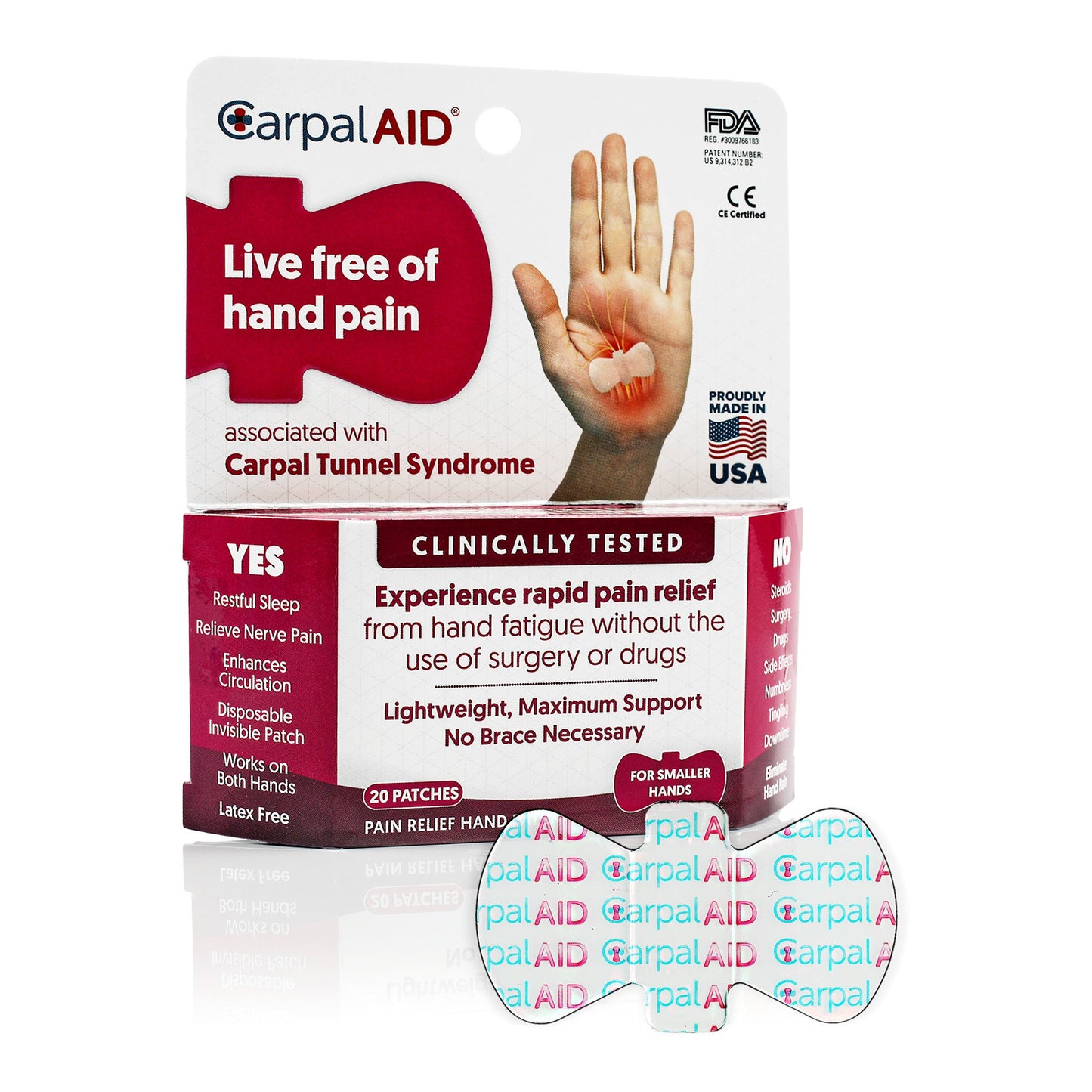 Carpal AID® Patch Hand-Based Carpal Tunnel Support Plastic Left or Right Hand Clear Large (1233610_PK)