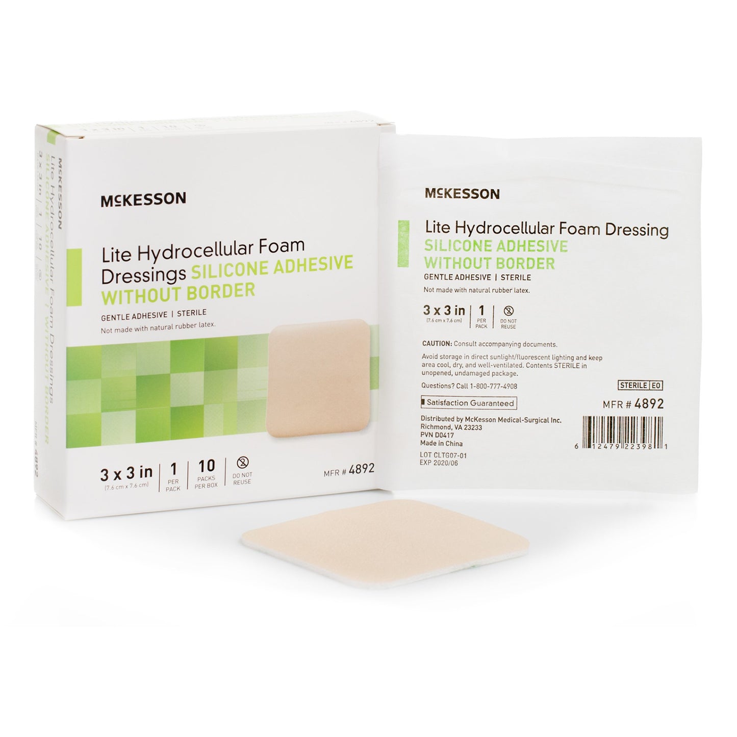 McKesson Lite Thin Foam Dressing 3 X 3 Inch Without Border Film Backing Silicone Gel Adhesive Square Sterile (1083092_EA)