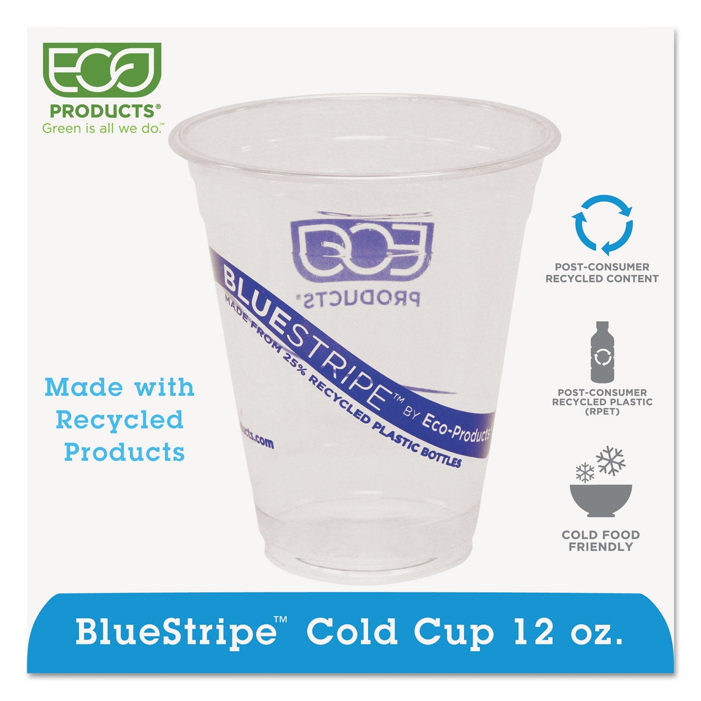 Eco-Products BlueStripe 25% Recycled Content Cold Cups, 12 oz, Clear/Blue, 50/Pk, 20 Pk/Ct (ECOEPCR12)