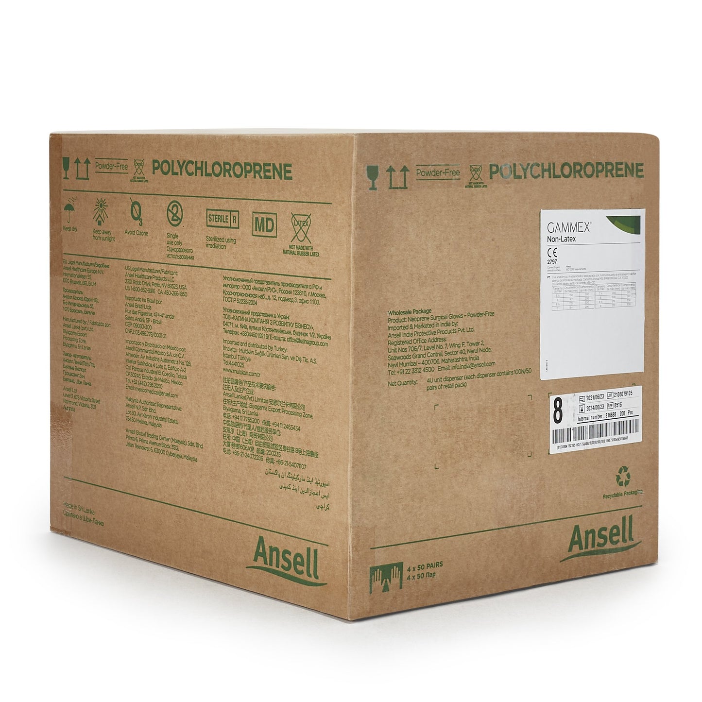 GAMMEX® Non-Latex Surgical Glove Size 8 Sterile Polyisoprene Standard Cuff Length Micro-Textured Green Chemo Tested (364347_BX)