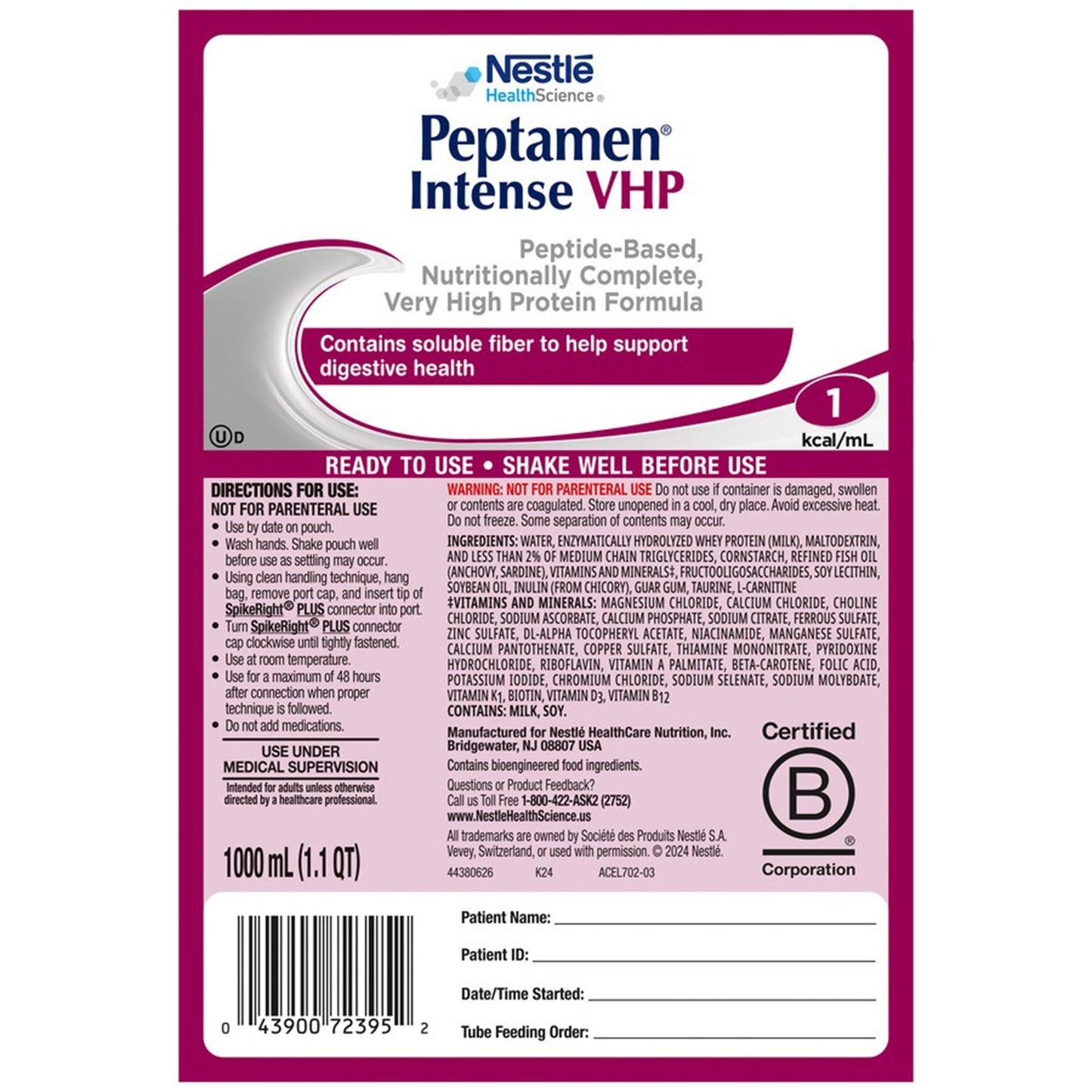 Peptamen® Intense VHP Tube Feeding Formula Unflavored Liquid 1000 mL Ready to Hang Prefilled Container (1006588_EA)
