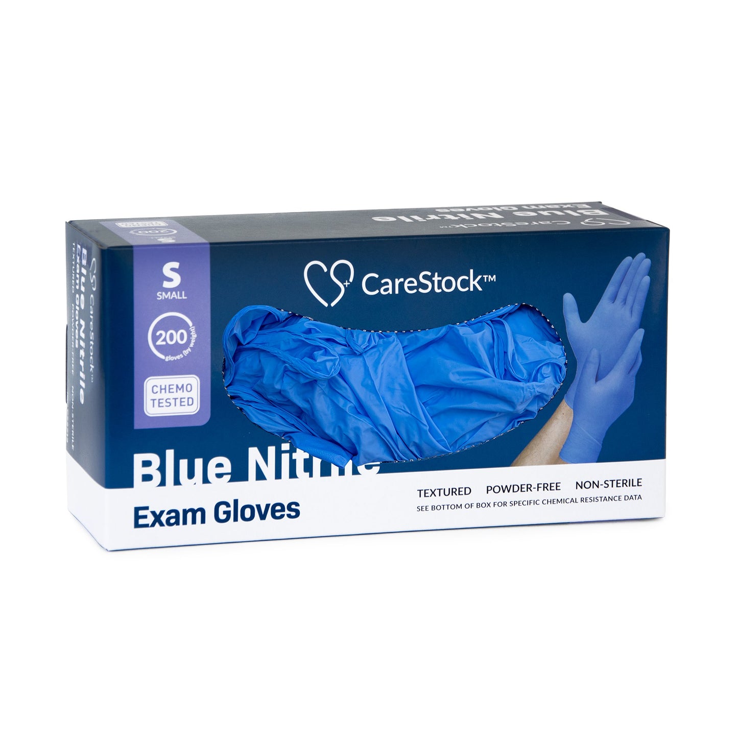 CareStock™ Exam Glove Small NonSterile Nitrile Standard Cuff Length Textured Fingertips Blue Chemo Tested (1230896_CS)