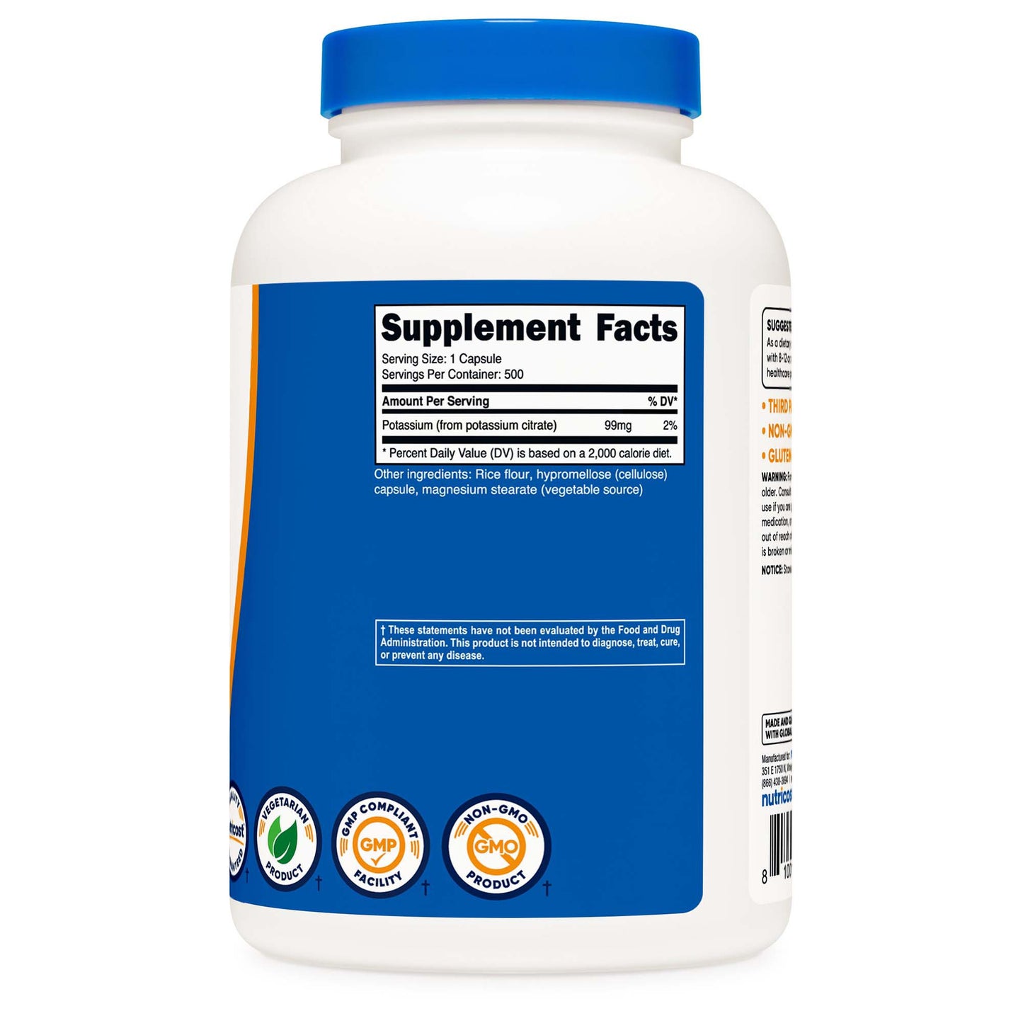 nutricost® Dietary Supplement Potassium Citrate 99 mg Strength Capsule 500 Per Bottle (1270256_BT)