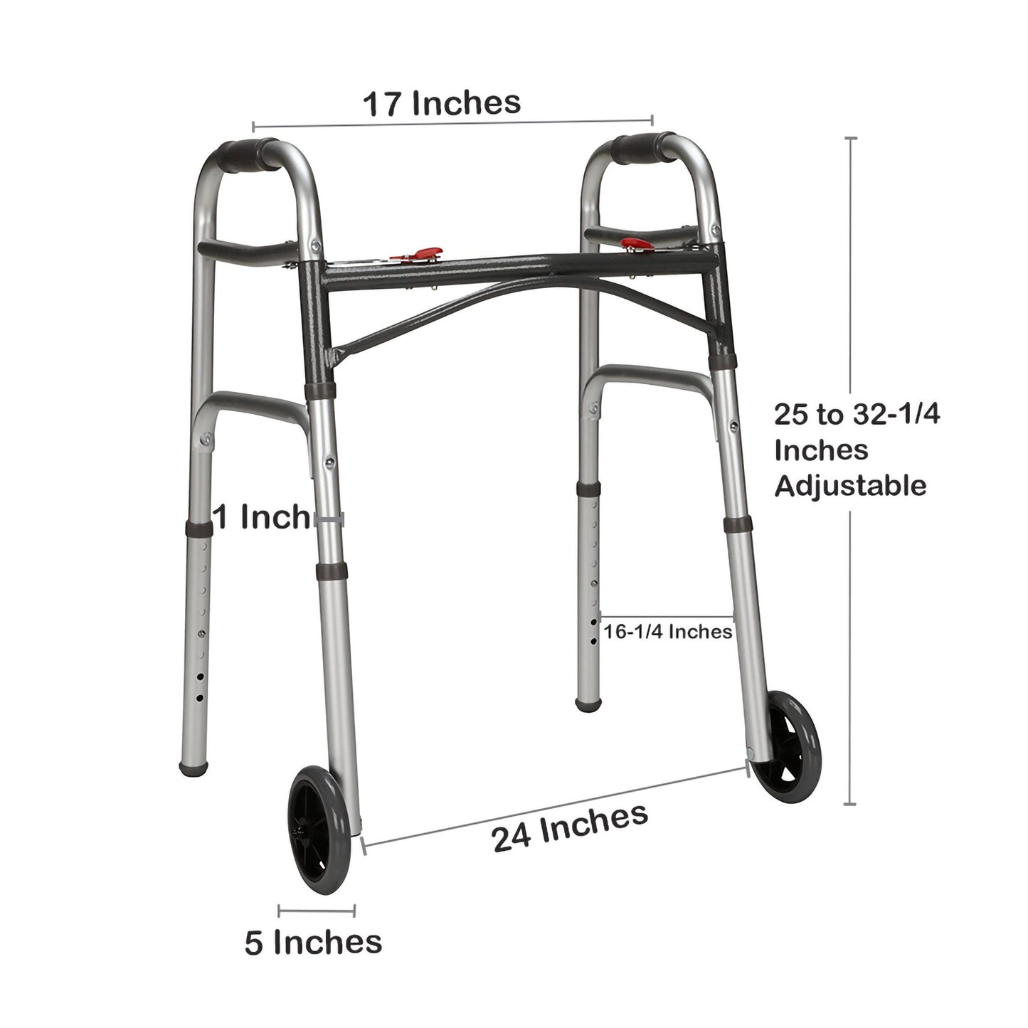 McKesson Dual Release Folding Walker with Wheels Adjustable Height Aluminum Frame 350 lbs. Weight Capacity 25 to 32-1/4 Inch Height (1088077_CS)