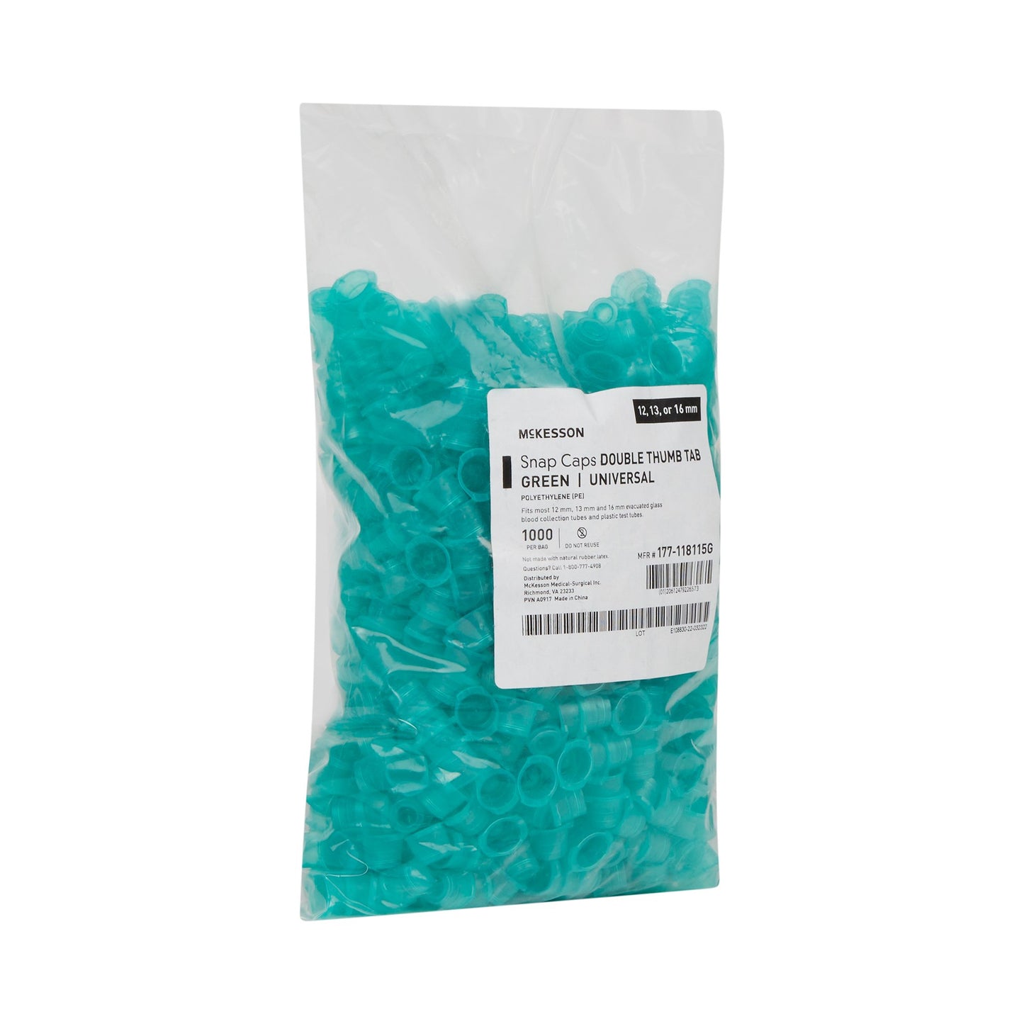 McKesson Tube Closure Polyethylene Snap Cap Green 12 mm / 13 mm / 16 mm (Universal) Fits Most 12mm, 13mm and 16mm Evacuated Glass Blood Collection Tubes and Plastic Test Tubes NonSterile (1082093_BG)