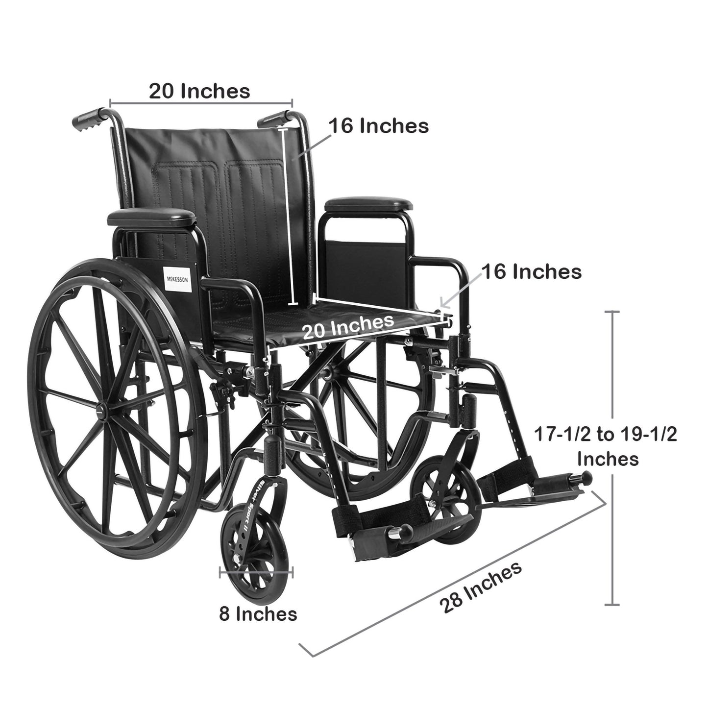 McKesson Wheelchair Dual Axle Desk Length Arm Swing-Away Footrest Black Upholstery 20 Inch Seat Width Adult 350 lbs. Weight Capacity (1065278_EA)