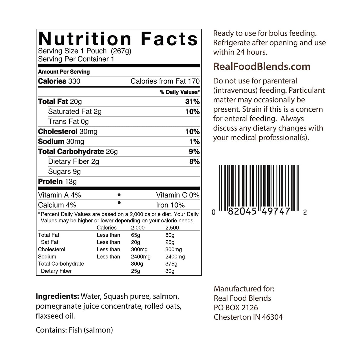 Real Food Blends® Tube Feeding Formula Salmon / Oats / Squash Flavor Liquid 9.4 oz. Pouch (979851_CS)