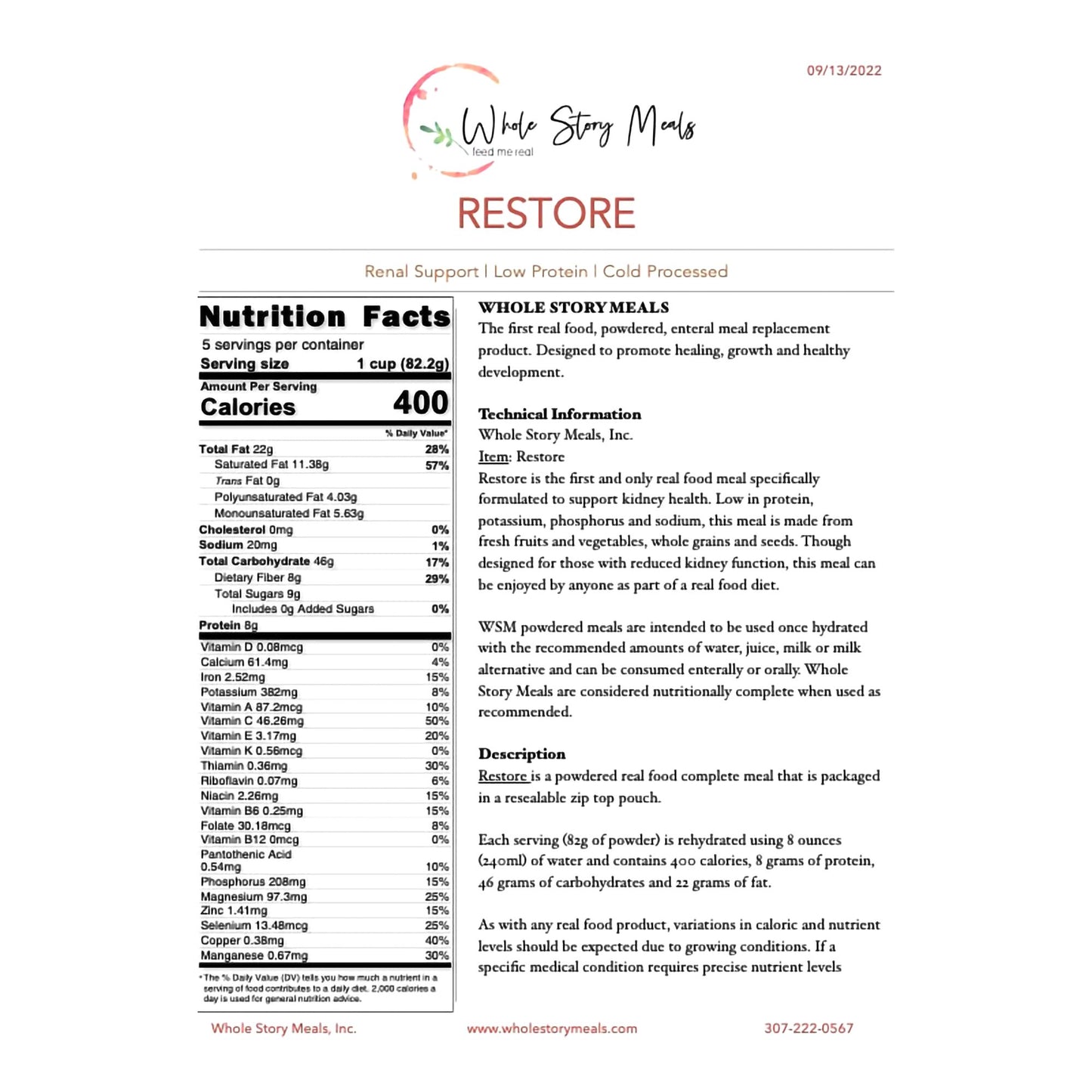 Whole Story Meals Restore Renal Support Oral Supplement Powder 16 oz. (1253025_EA)