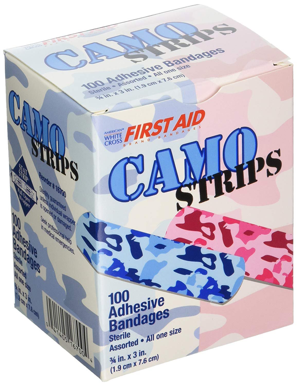American® White Cross Stat Strip® Adhesive Strip 3/4 X 3 Inch Plastic Rectangle Kid Design (Blue / Pink Camo) Sterile (1099738_BX)