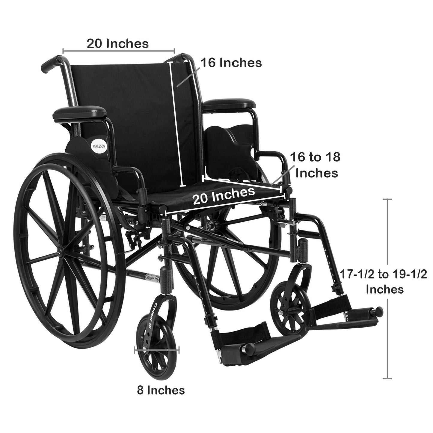 McKesson Lightweight Wheelchair Dual Axle Desk Length Arm Swing-Away Footrest Black Upholstery 20 Inch Seat Width Adult 300 lbs. Weight Capacity (1065286_EA)