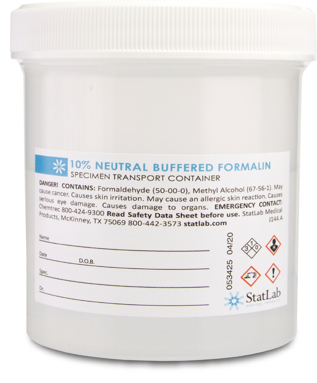 StatLab Medical Products Prefilled Formalin Container 250 mL Fill in 500 mL (16.9 oz.) Screw Cap Warning Label / Patient Information NonSterile (1002263_EA)