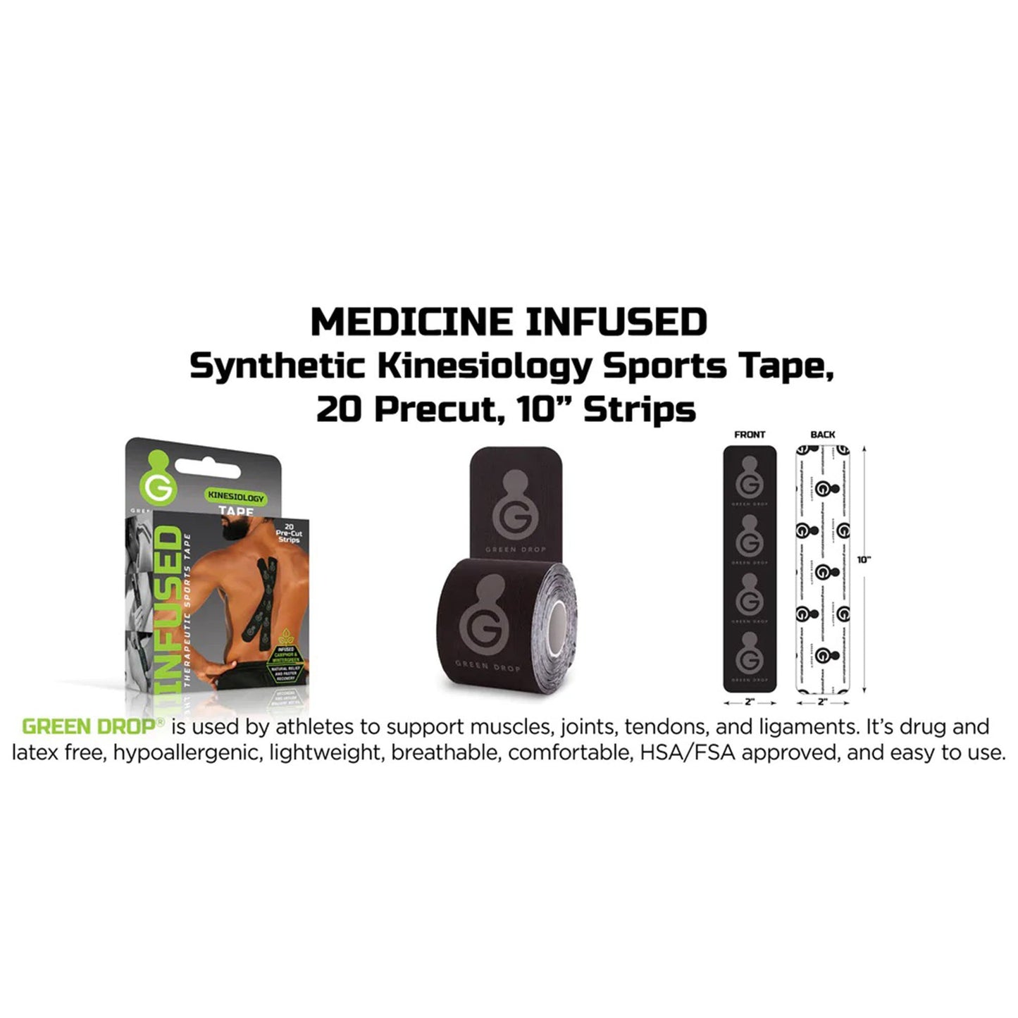 Green Drop™ Kinesiology Tape Black 2 X 10 Inch Nylon / Polyester / Spandex NonSterile (1230639_BX)