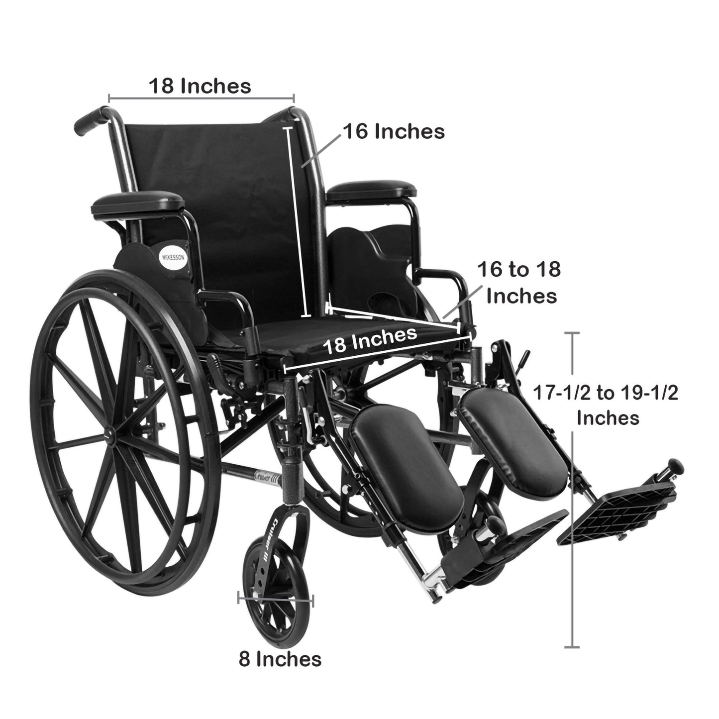 McKesson Lightweight Wheelchair Dual Axle Desk Length Arm Swing-Away Elevating Legrest Black Upholstery 18 Inch Seat Width Adult 300 lbs. Weight Capacity (1065285_EA)