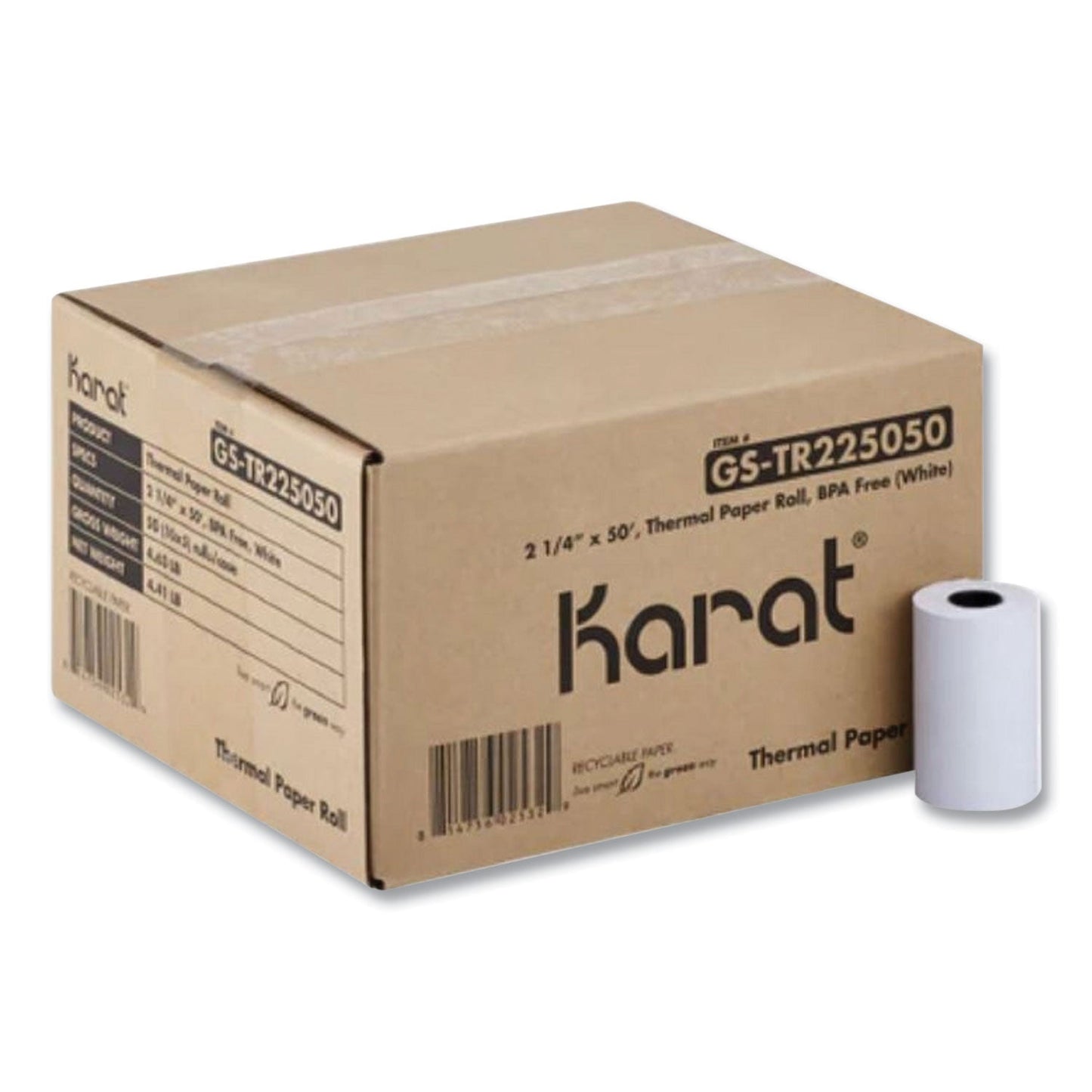 Karat Thermal Paper Rolls, 2.25" x 50 ft, White, 50/Carton (KRTGSTR225050)