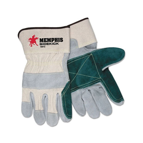 MCR™ Safety Sidekick® Select Side Leather Palm Gloves, Cotton Fleece/DuPont™ Kevlar® Thread/Heavy Canvas, Large, Gray/Green/White (127-16012LN)