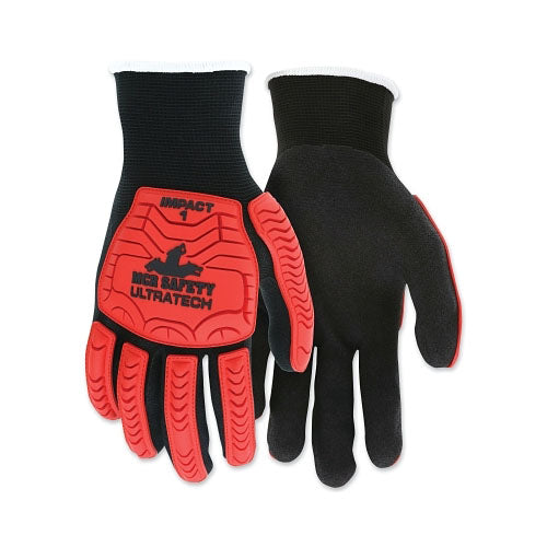 MCR™ Safety UT1950 UltraTech™ Impact Level 1 Mechanics Knit Gloves, Large, Hi-Vis Red TPR, Black Coating/Shell (127-UT1950L)