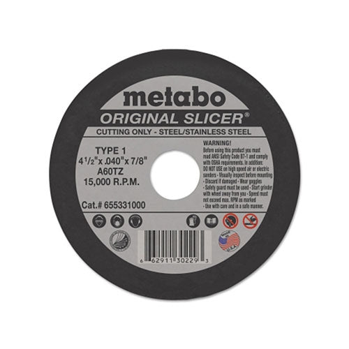Metabo Original Slicer Cutting Wheel, Type 1, 4-1/2 in dia, 0.045 in Thick, 60 Grit, Aluminum Oxide (469-655331000)