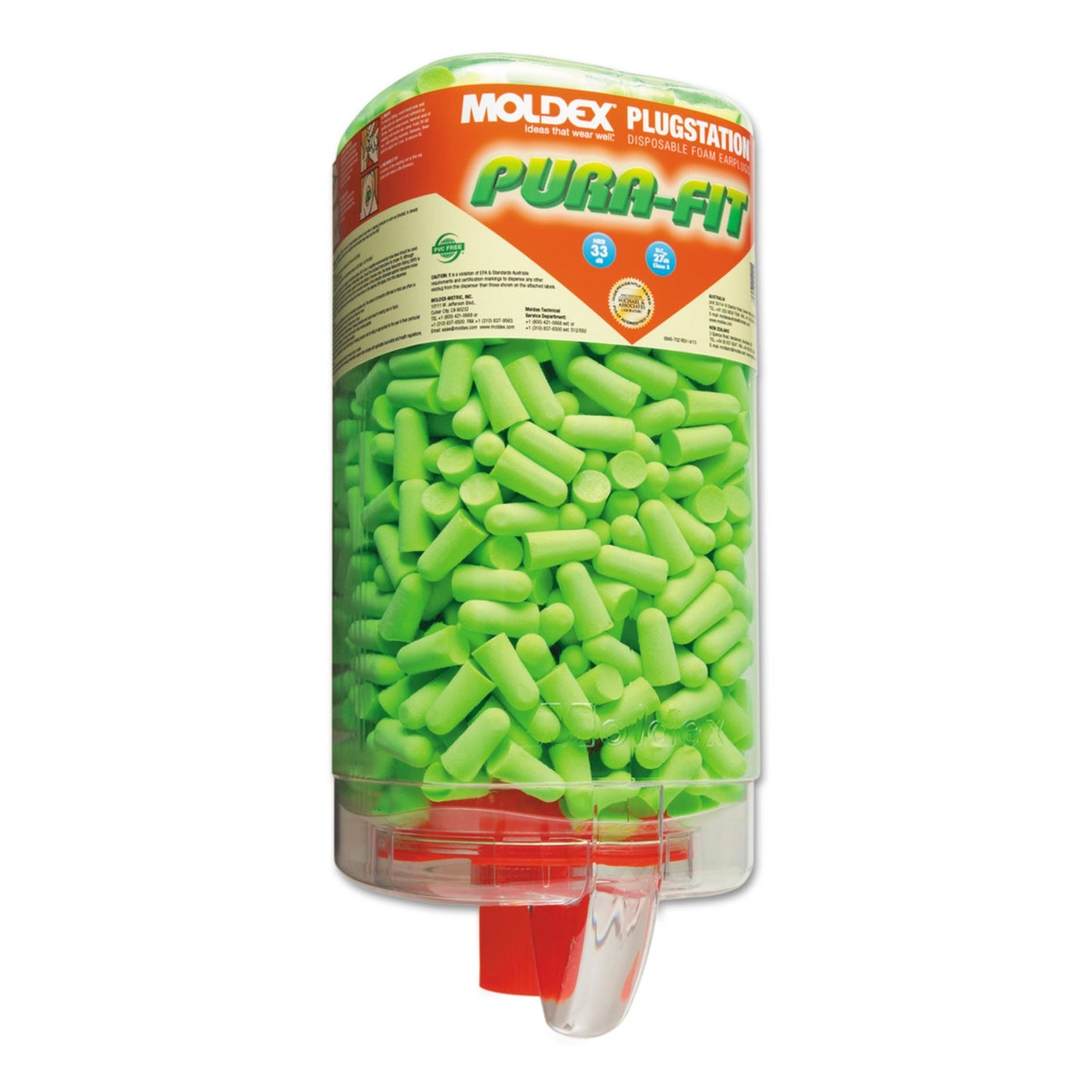 Moldex PlugStation® Earplug Dispenser, Disposable Plastic Bottle, Foam Earplugs, Bright Green, Pura-Fit® (507-6845)