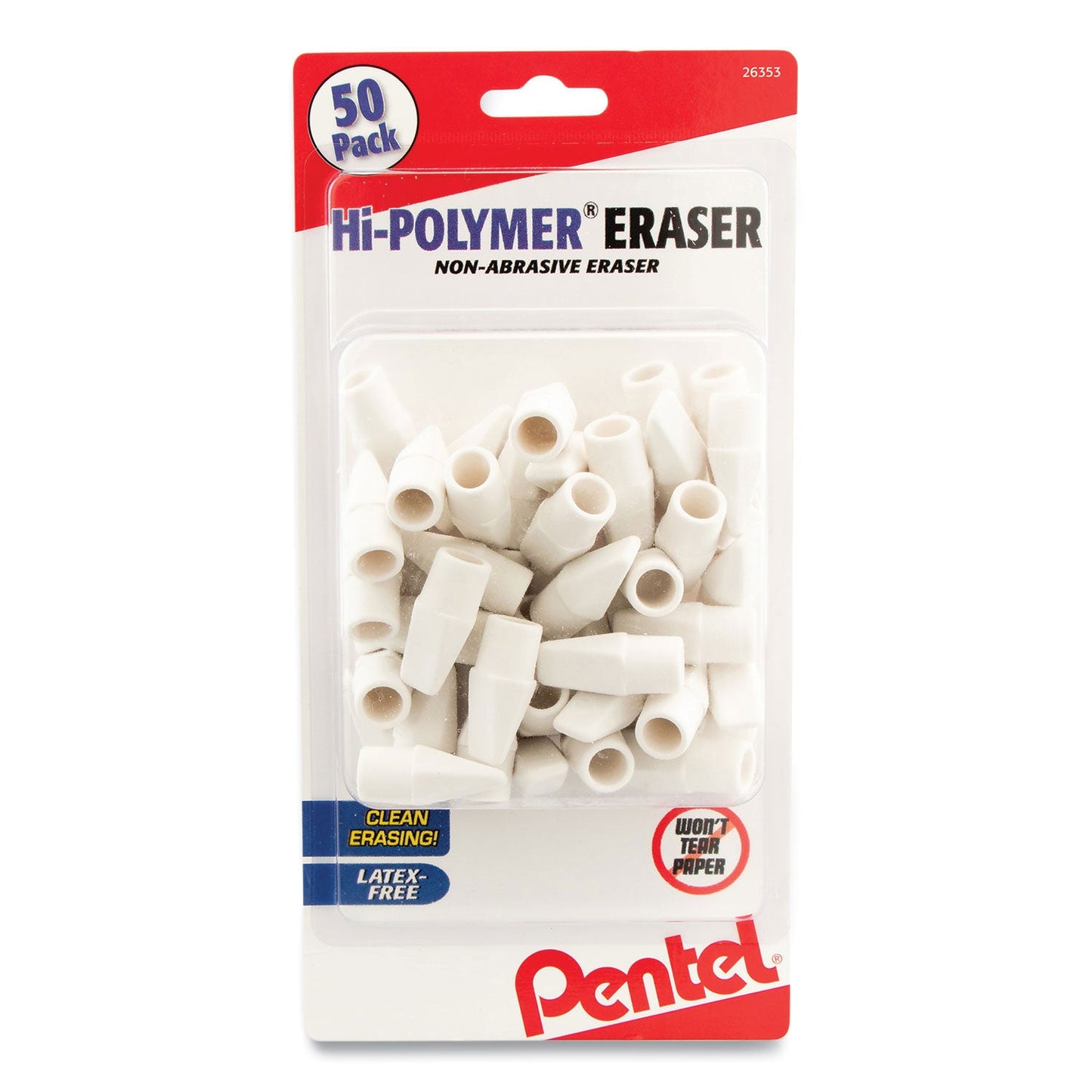 Pentel Hi-Polymer Cap Eraser, For Pencil Marks, White, 50/Pack (PENZEH02BP50)