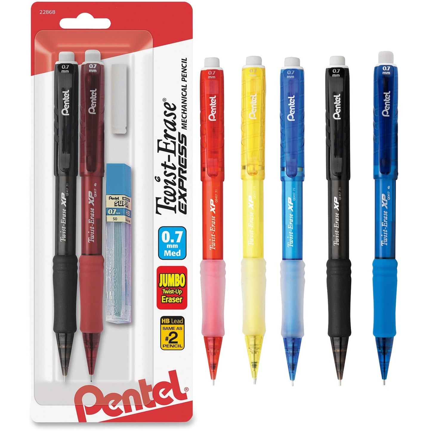 Pentel Mechanical Pencil, Refillable Lead/Eraser, .7mm, Asst (PENQE417LEBP2)