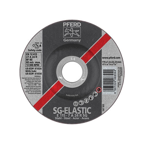 Pferd Inc Type 27 SG Depressed Center Grinding Wheel, 4-1/2 Dia, 1/4 Thick, 7/8 Arbor, Alum Oxide (419-61026)