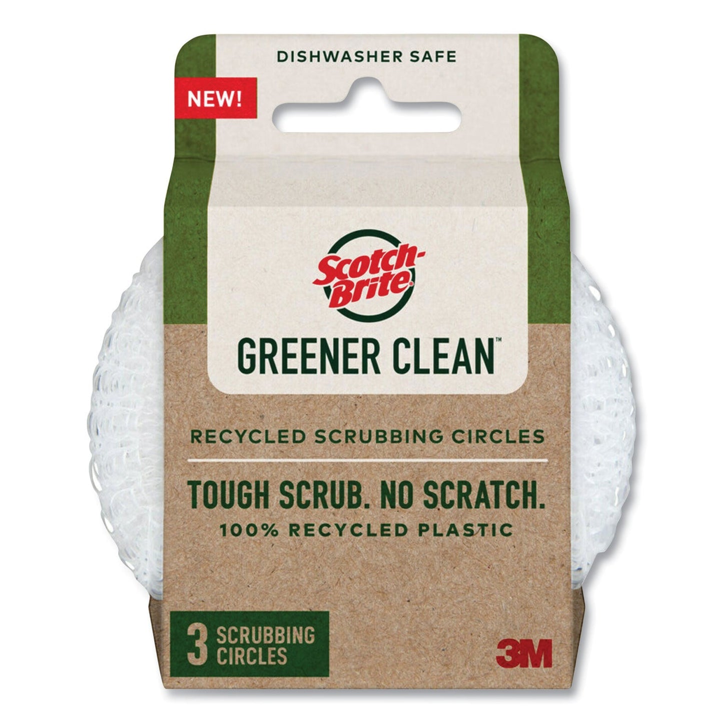 Scotch Brite Greener Clean Recycled Scrubbing Circle, 3.5" Diameter, 0.7" Thick, White, 3/Pack (MMM215GC)
