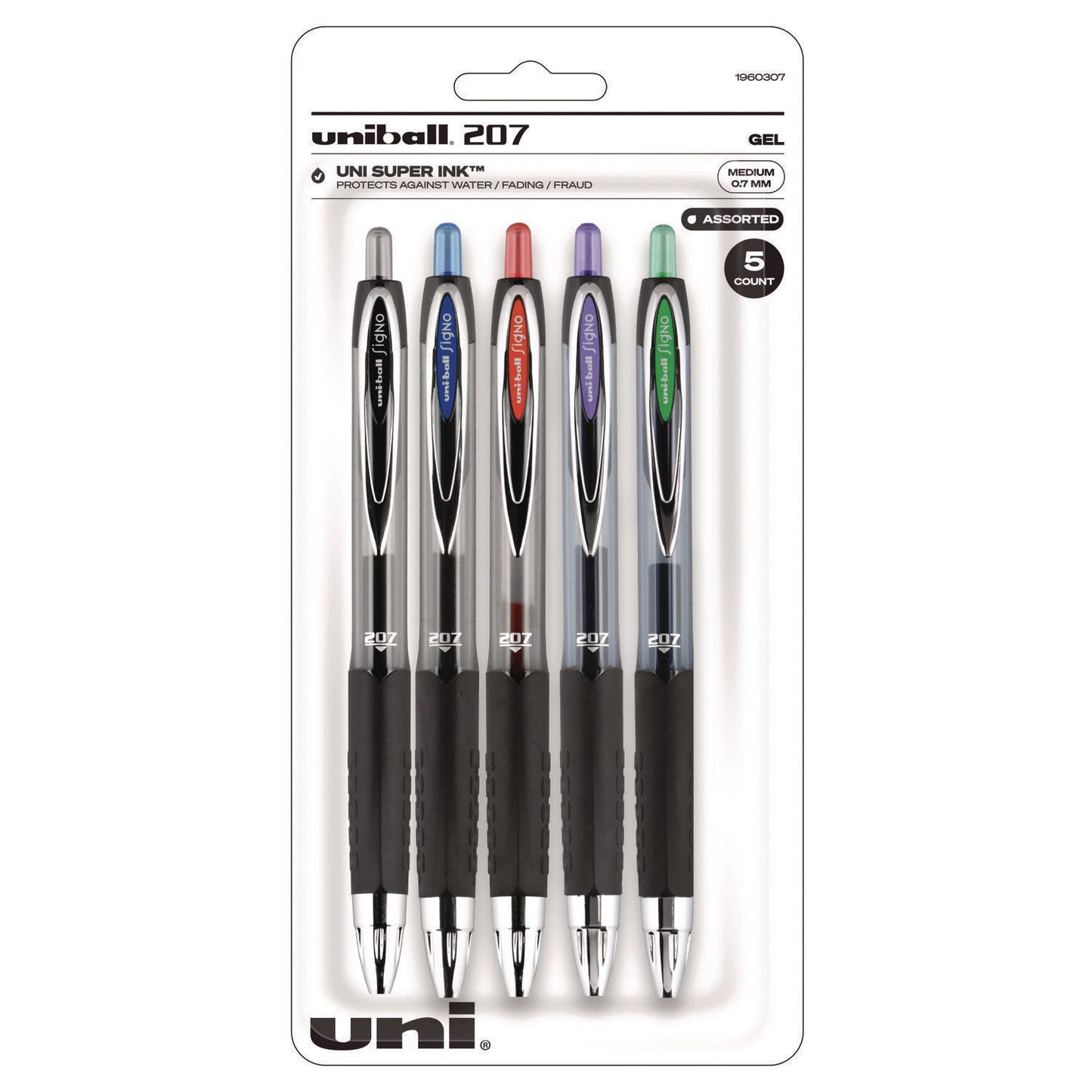 uniball Signo 207 Gel Pen, Retractable, Medium 0.7 mm, Assorted Ink and Barrel Colors, 5/Pack (UBC261221)