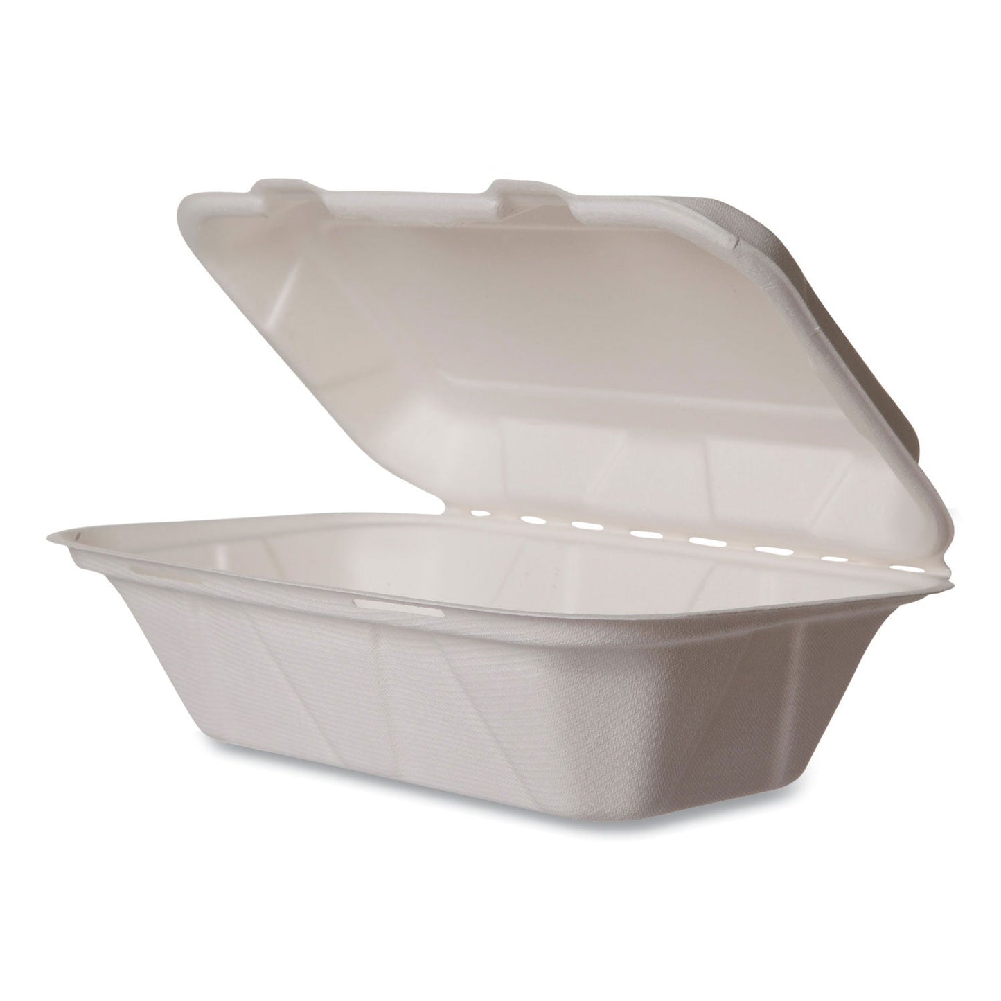 Vegware White Molded Fiber Clamshell Containers, 9 x 11 x 2, White, Sugarcane, 250/Carton (VEGWHBRGHOAGIE)