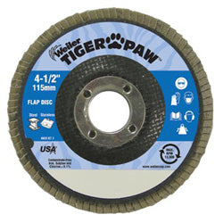 Weiler Tiger Paw™ Coated Abrasive Flap Disc, 4-1/2 in dia, 60 Grit, 7/8 Arbor, 13000 rpm, Type 27 (804-51109)