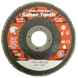 Weiler Tiger® Saber Tooth™ Ceramic High Density Flap Disc, 4-1/2 in dia, 40 Grit, 5/8 in-11, 13000 RPM, Type 27 (804-50133)