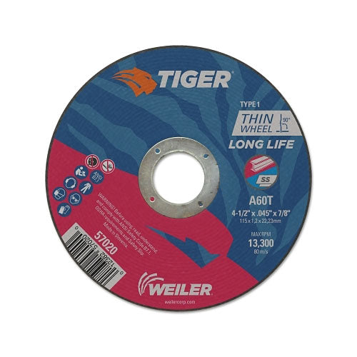 Weiler Tiger® Aluminum Oxide Flat Type 1 Cutting Wheel, 4-1/2 in Diameter x 0.045 in, 7/8 in Arbor, 60 Grit, T Hardness (804-57020)