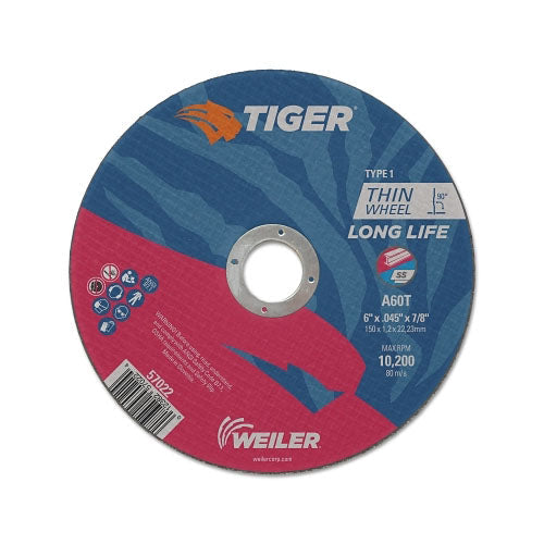 Weiler Tiger® Aluminum Oxide Flat Type 1 Cutting Wheel, 6 in dia x 0.045 in, 7/8 in Arbor, 60 Grit, T Hardness (804-57022)