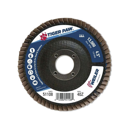 Weiler Tiger Paw™ Coated Abrasive Flap Discs, 4-1/2 in dia, 40 Grit, 7/8 Arbor, 13000 rpm, Type 27 (804-51108)