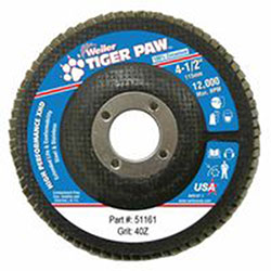 Weiler Tiger Paw™ Super High Density Flap Disc, 4-1/2 in dia, 40 Grit, 7/8 in Arbor, 12000 rpm, Type 27 (804-51161)