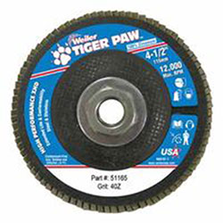 Weiler Tiger Paw™ Super High Density Flap Disc, 4-1/2 in dia, 40 Grit, 5/8 in-11, 12000 rpm, Type 27 (804-51165)