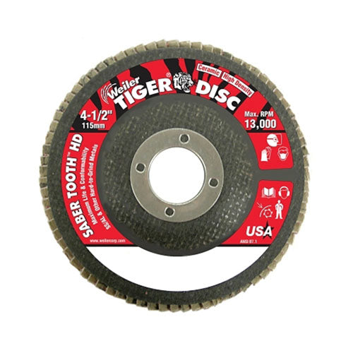 Weiler Tiger® Saber Tooth™ Ceramic High Density Flap Disc, 4-1/2 in dia, 40 Grit, 7/8 in Arbor, 13000 RPM, Type 27 (804-50130)