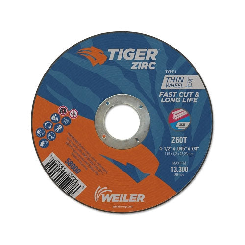 Weiler Tiger® Zirc Thin Cutting Wheel, 4-1/2 in dia, 0.045 in Thick, 7/8 in Arbor, 60 Grit, Zirconia Alumina, Type 1 (804-58000)